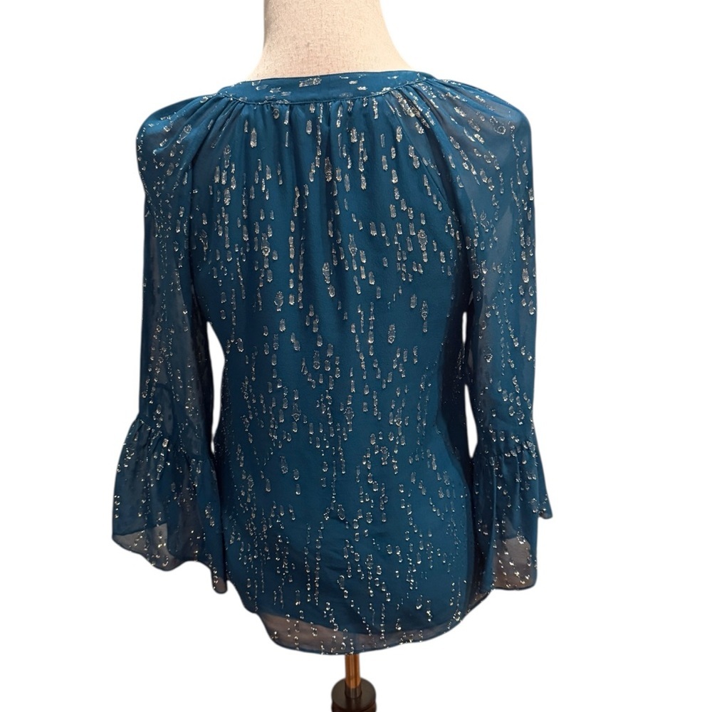 Lilly Pulitzer Matilda Silk Chiffon Blouse Teal Blue Top w/Silver Accents Sz: XS - Picture 4 of 16